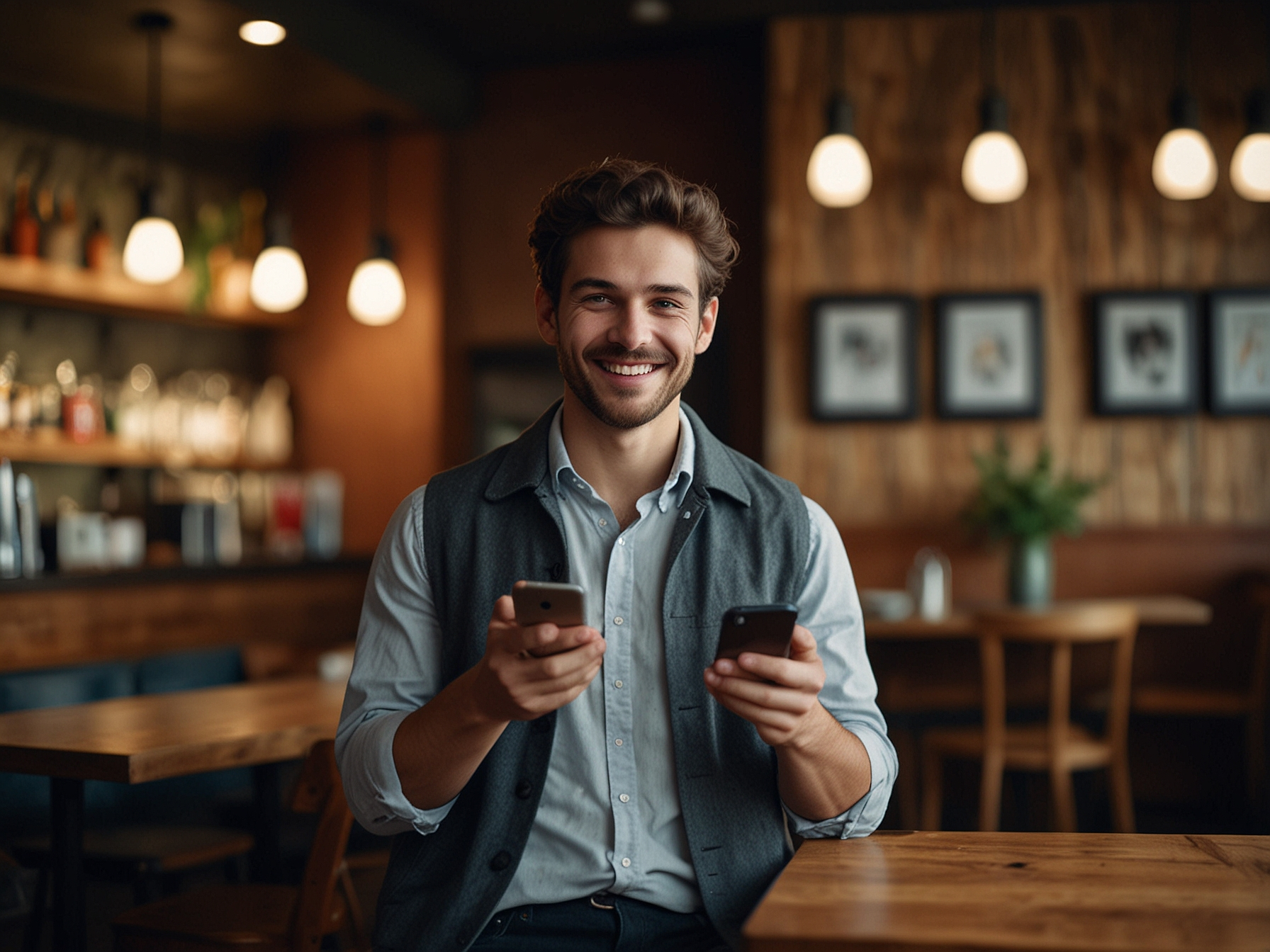 Smiling user claiming a bonus on phone